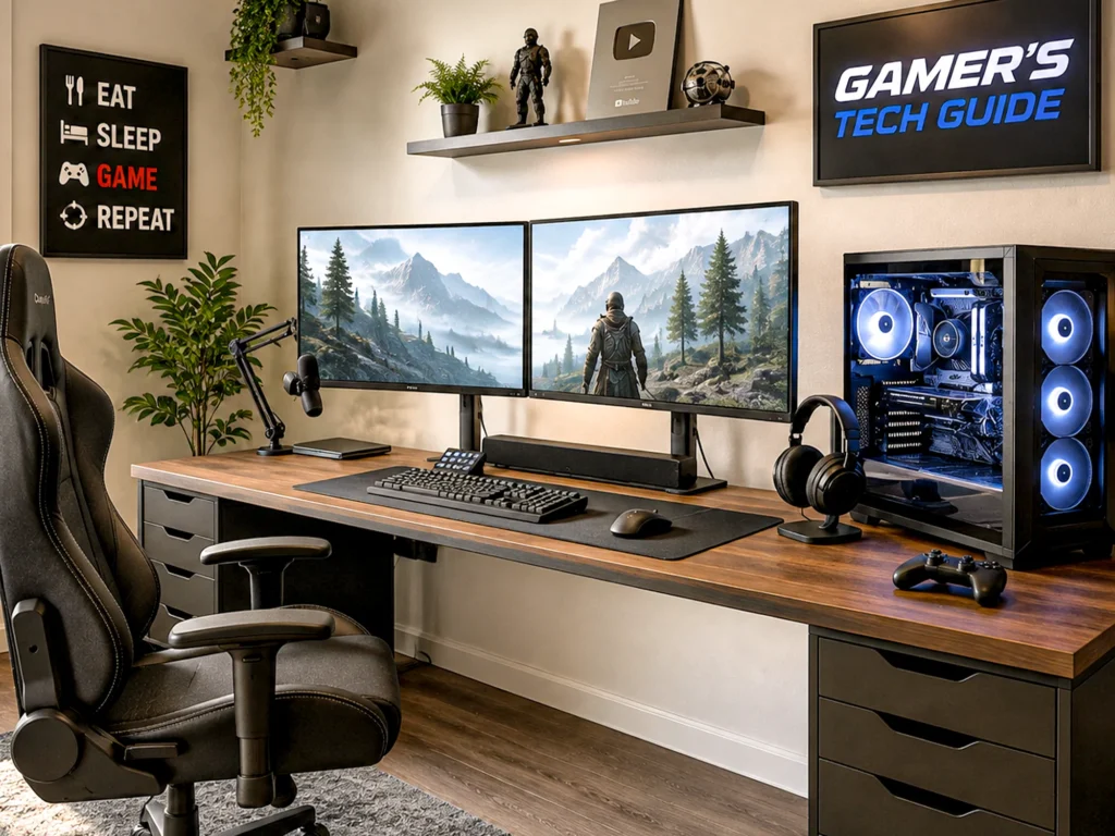 A gaming battlestation: dual monitors on a wood desk, a glass-panel PC tower lit blue, a racing-style gaming chair, headset on a stand and a controller, with a Gamers Tech Guide screen on the wall.