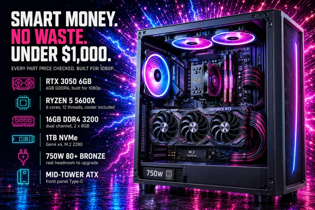 A mid-tower gaming PC with the side panel off, lit blue on the left and magenta on the right against a burst of sparkling light, beside a spec list reading RTX 3050 6GB, Ryzen 5 5600X, 16GB DDR4 3200, 1TB NVMe Gen4, 750W 80+ Bronze and mid-tower ATX.