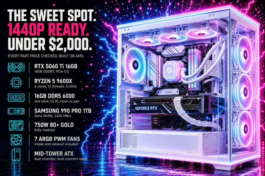 A white mid-tower gaming PC with a glass front and side, lit blue and magenta with white lightning arcing across the interior, beside a spec list reading RTX 5060 Ti 16GB, Ryzen 5 9600X, 16GB DDR5 6000, Samsung 990 PRO 1TB, 750W 80+ Gold and seven ARGB PWM fans.