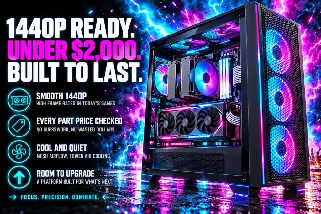 Black mid-tower gaming PC with a mesh front and glowing cyan and magenta fans on a wet reflective floor, next to the headline 1440P Ready, Under $2,000, Built to Last, and four callouts: smooth 1440p, every part price checked, cool and quiet, room to upgrade