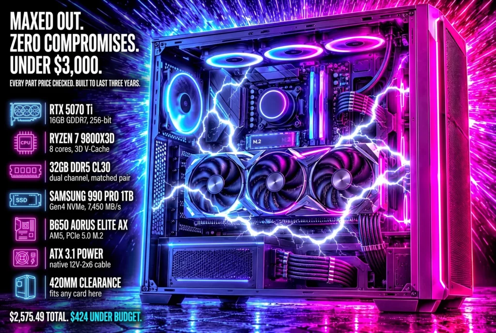 A gaming PC with the side panel off showing a triple-fan graphics card, lit blue and magenta with white lightning across the interior, beside a spec list reading RTX 5070 Ti, Ryzen 7 9800X3D, 32GB DDR5 and a total of $2,577.99.