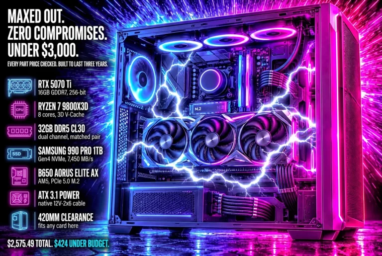 A gaming PC with the side panel off showing a triple-fan graphics card, lit blue and magenta with white lightning across the interior, beside a spec list reading RTX 5070 Ti, Ryzen 7 9800X3D, 32GB DDR5 and a total of $2,839.74.