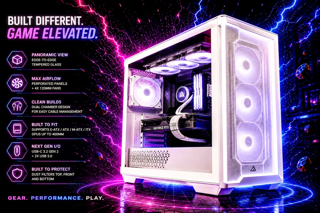 A white mid-tower PC case with panoramic tempered glass and white RGB fans, holding a lit build with a GeForce RTX graphics card, against magenta and blue lightning, beside a panel of case feature callouts.