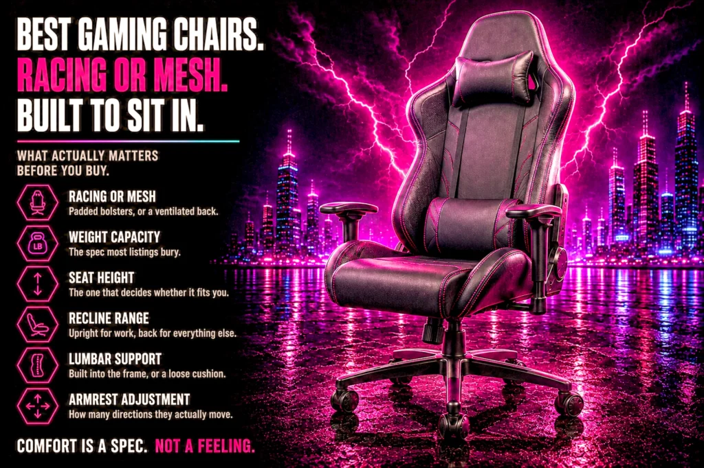 A black racing-style gaming chair with magenta stitching, a headrest pillow and a lumbar cushion, on a wet reflective floor against magenta lightning and a neon city skyline, beside a panel of buying criteria.