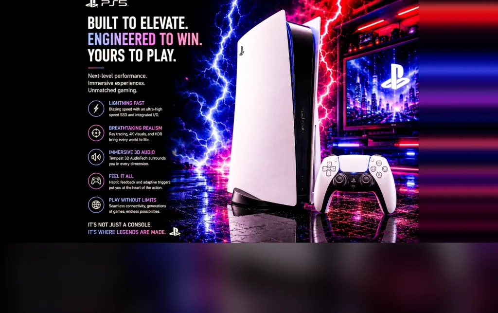 A white games console standing beside its wireless controller in a neon-lit room.
