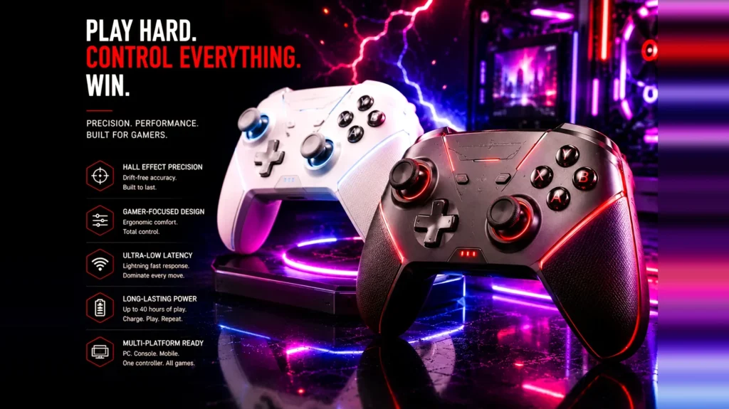A white and a black wireless gaming controller lit in neon on a reflective surface.
