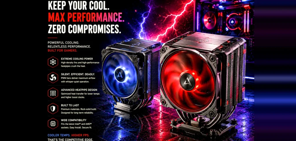 Two dual-tower CPU air coolers with red and blue lit fans in a neon gaming room.