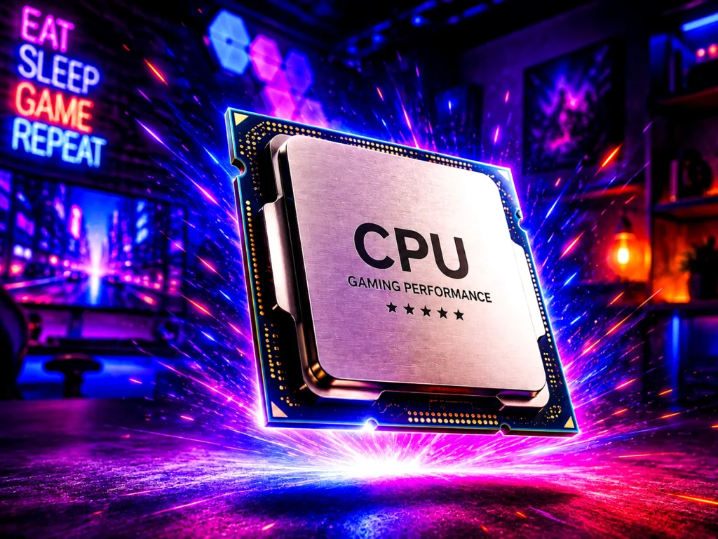 A desktop processor labelled CPU Gaming Performance with five stars, lit in pink and blue with a burst of light behind it, in a neon-lit gaming room with an Eat Sleep Game Repeat sign.