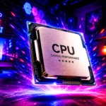 A desktop processor labeled CPU Gaming Performance with five stars, lit in pink and blue with a burst of light behind it, in a neon-lit gaming room with an Eat Sleep Game Repeat sign.