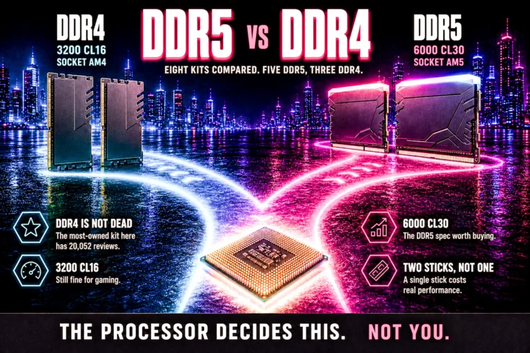 A glowing path forking at a CPU into two branches: a cyan branch leading to two plain DDR4 sticks at 3200 CL16 on socket AM4, and a magenta branch leading to two lit DDR5 sticks at 6000 CL30 on socket AM5.