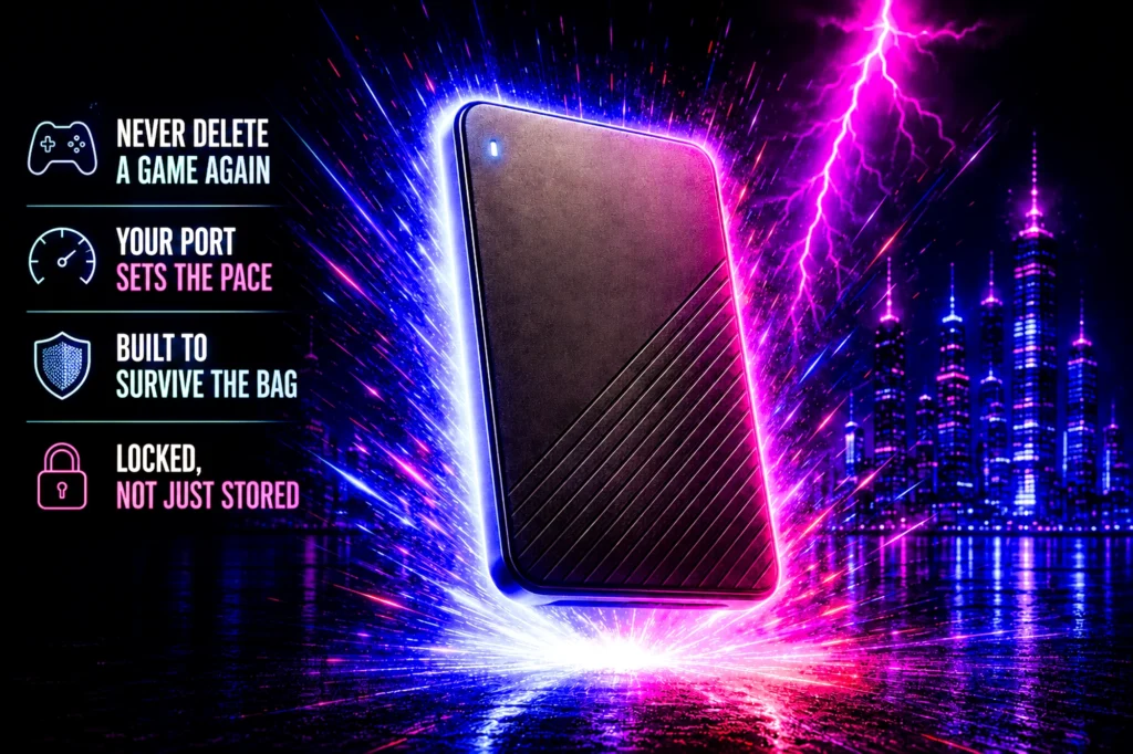 An unbranded portable SSD standing upright in a burst of cyan and magenta light, beside four callouts about game storage, port speed, durability and encryption.