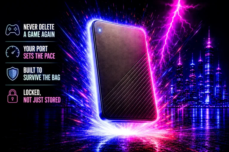 An unbranded portable SSD standing upright in a burst of cyan and magenta light, beside four callouts about game storage, port speed, durability and encryption.