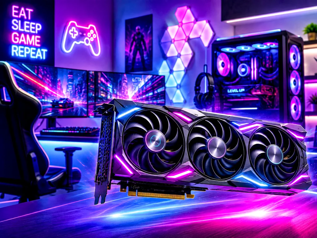 A triple-fan graphics card lit in pink and blue on a desk, with a neon-lit gaming room behind it: curved monitors, hexagonal wall lights, a glass-panel PC tower and an Eat Sleep Game Repeat neon sign.