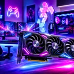 A triple-fan graphics card lit in pink and blue on a desk, with a neon-lit gaming room behind it: curved monitors, hexagonal wall lights, a glass-panel PC tower and an Eat Sleep Game Repeat neon sign.