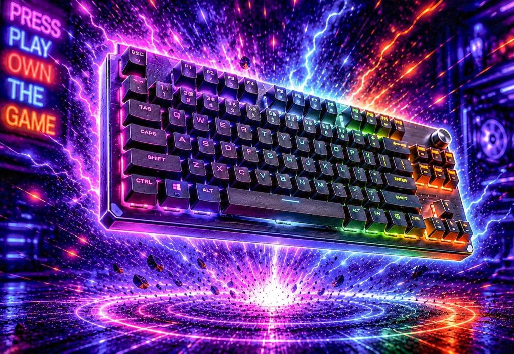 An RGB backlit mechanical gaming keyboard with a control knob, lit in neon purple and blue, representing the best gaming keyboard picks for 2026.