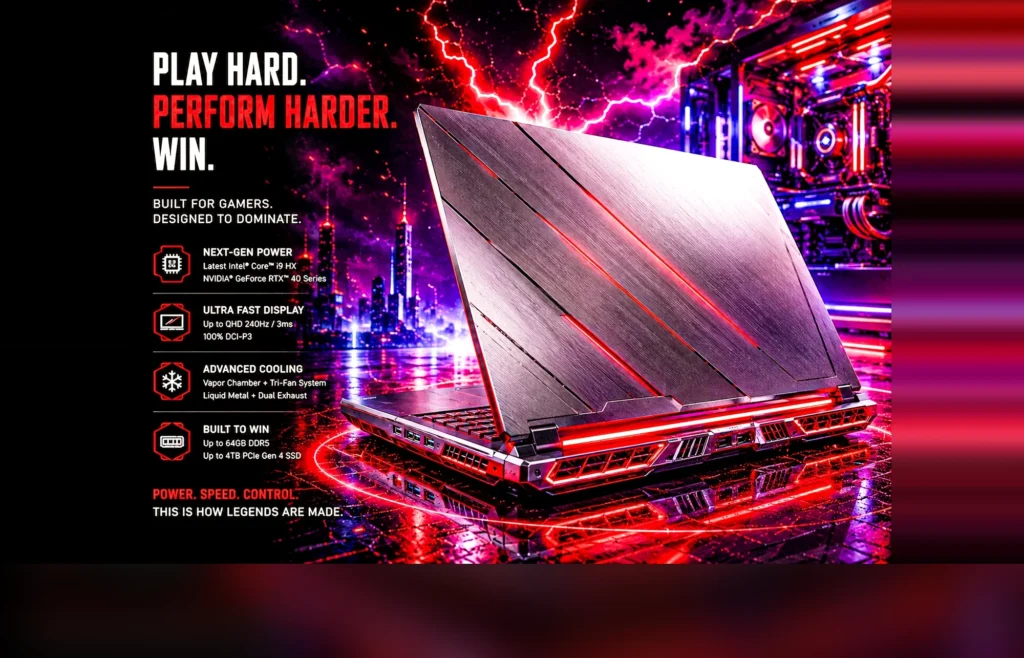 A gaming laptop with red edge lighting open on a reflective floor in a neon room.