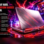 A gaming laptop with red edge lighting open on a reflective floor in a neon room.
