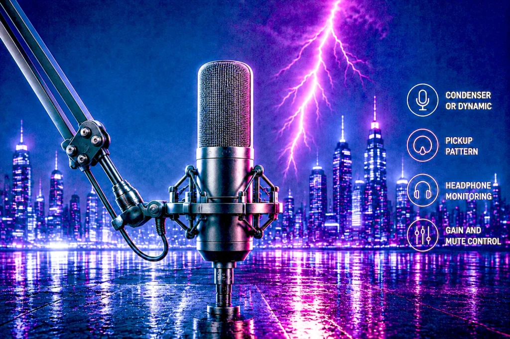 An unbranded broadcast-style gaming microphone on a boom arm with a shock mount, on a wet reflective floor against magenta lightning and a neon city skyline, beside a panel of buying criteria.