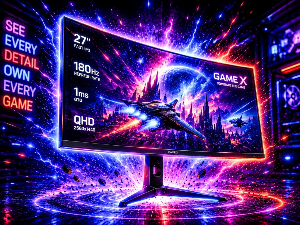 A curved 27 inch QHD gaming monitor lit in neon purple and blue displaying a space game, representing the best gaming monitor picks for 2026.