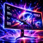 A curved 27 inch QHD gaming monitor lit in neon purple and blue displaying a space game, representing the best gaming monitor picks for 2026.