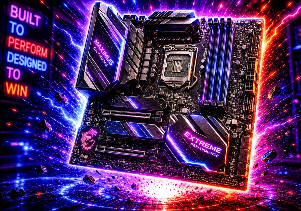 A high end ATX gaming motherboard with large heatsinks, four DDR5 slots and neon lighting, representing the best gaming motherboard picks for 2026.