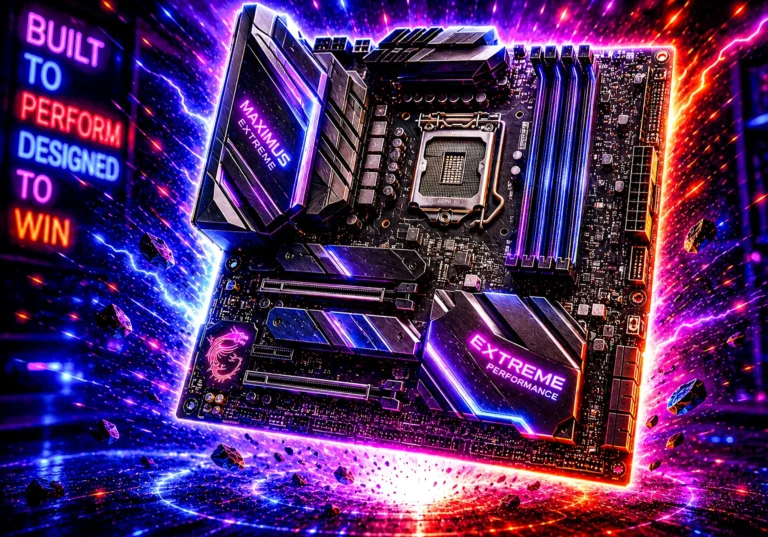 A high end ATX gaming motherboard with large heatsinks, four DDR5 slots and neon lighting, representing the best gaming motherboard picks for 2026.