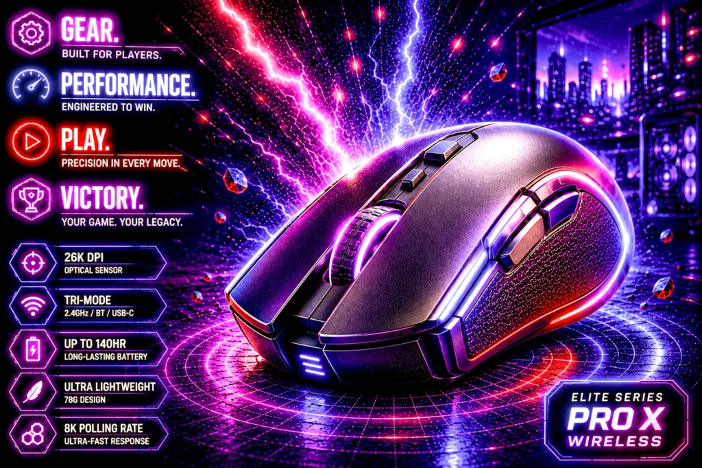 A wireless gaming mouse with RGB lighting on a neon grid, beside a panel of feature callouts, representing the best gaming mouse picks for 2026.