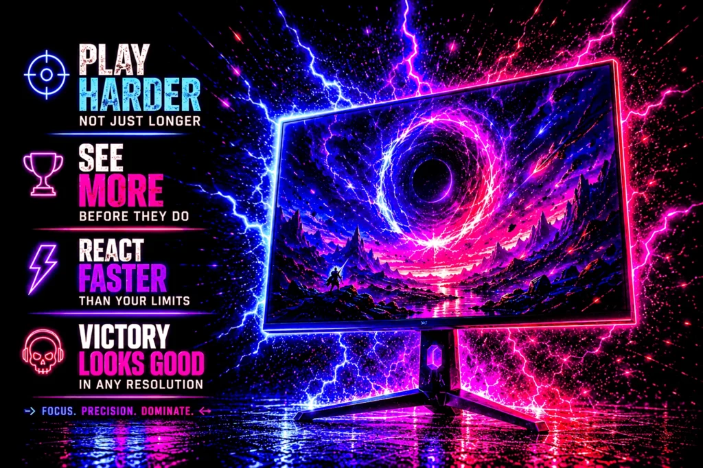 A gaming monitor edge-lit in blue and magenta with lightning arcing around it over a wet reflective floor, beside four callouts about playing harder, seeing more, reacting faster and how victory looks.
