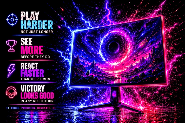 A gaming monitor edge-lit in blue and magenta with lightning arcing around it over a wet reflective floor, beside four callouts about playing harder, seeing more, reacting faster and how victory looks.