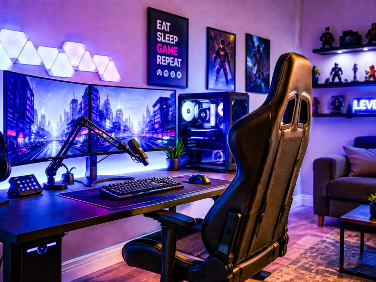A purple-lit gaming room: dual curved monitors showing a neon city, a glass-panel prebuilt PC tower with RGB fans, a mechanical keyboard, a racing-style gaming chair and an Eat Sleep Game Repeat poster.