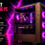 A gaming PC in a glass-panel case with purple RGB fans, a GeForce RTX graphics card and a neon city skyline behind it, beside a panel of component callouts.