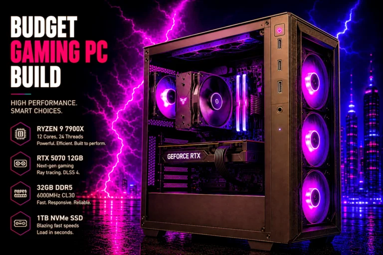 A gaming PC in a glass-panel case with purple RGB fans, a GeForce RTX graphics card and a neon city skyline behind it, beside a panel of component callouts.