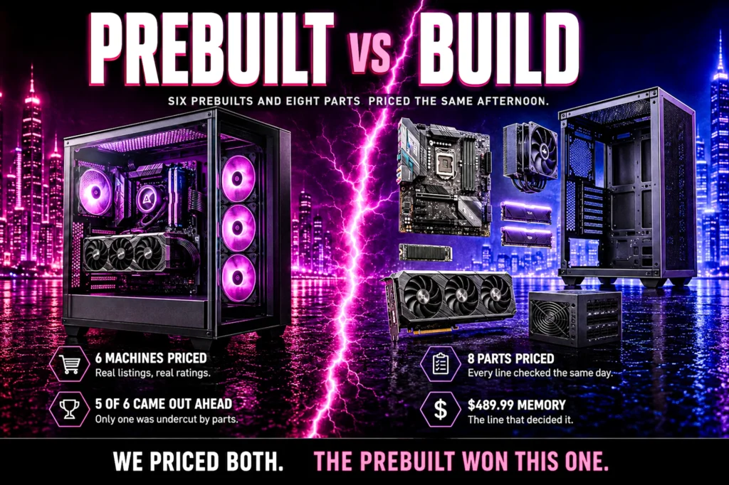 A split comparison: a finished gaming PC on the left and the same machine as separate loose components on the right, divided by a bolt of magenta lightning, with a verdict strip reading the prebuilt won this one.