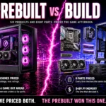 A split comparison: a finished gaming PC on the left and the same machine as separate loose components on the right, divided by a bolt of magenta lightning, with a verdict strip reading the prebuilt won this one.