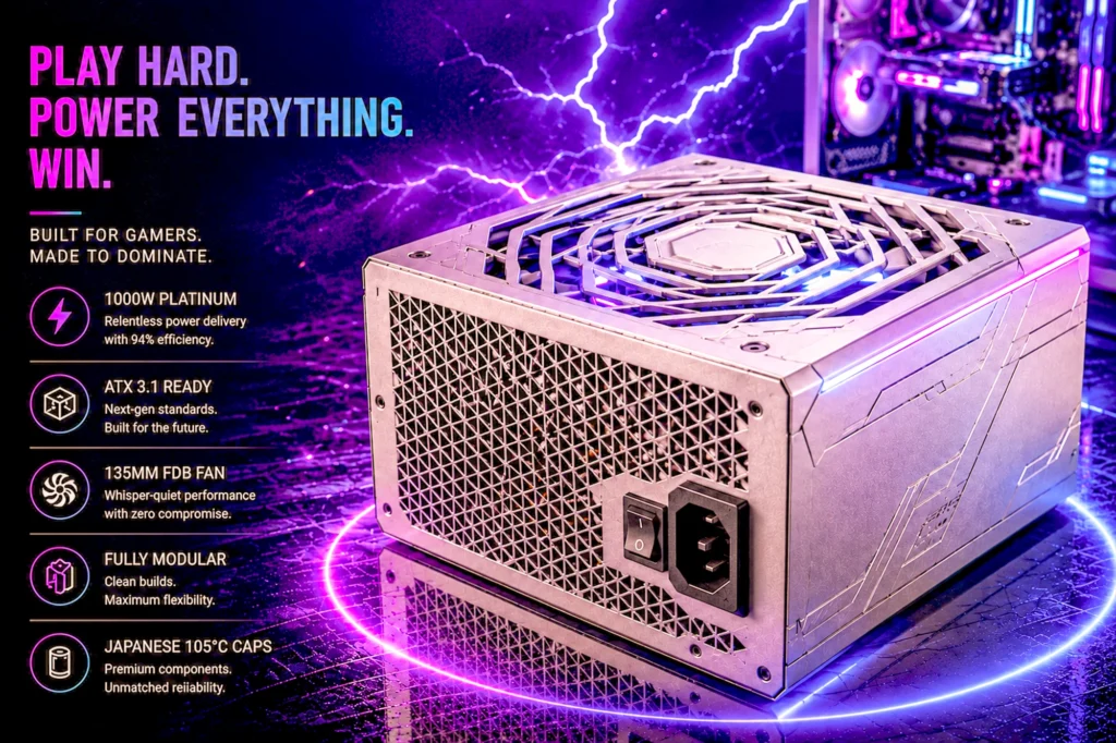 A 1000W fully modular ATX 3.1 power supply on a reflective floor in a neon-lit gaming room, beside a panel of feature callouts.