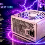 A 1000W fully modular ATX 3.1 power supply on a reflective floor in a neon-lit gaming room, beside a panel of feature callouts.