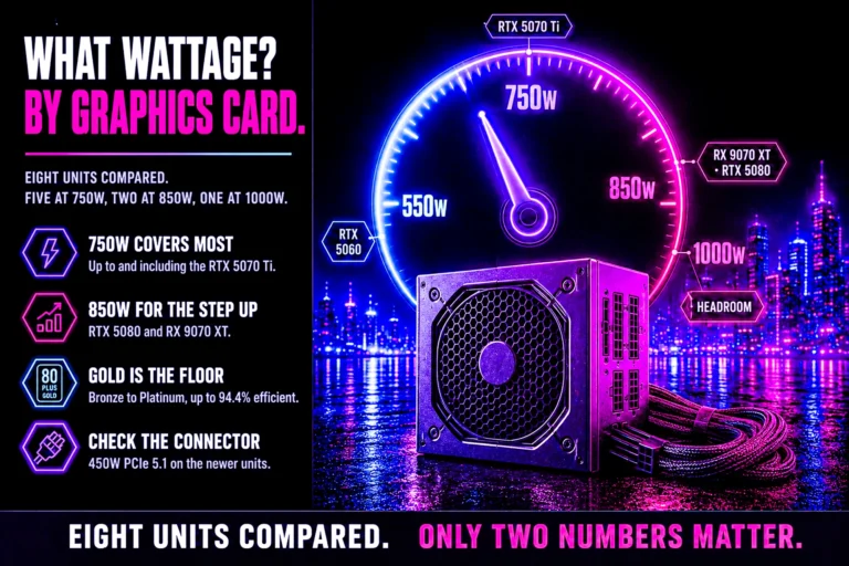 A glowing circular wattage gauge marked 550W, 750W, 850W and 1000W with the needle at 750W and graphics cards labeled at each tier, above a fully modular power supply with braided cables.