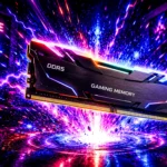 A DDR5 gaming memory module with an RGB light strip, lit in pink and blue with a burst of light behind it, in front of a Game On Level Up neon sign.