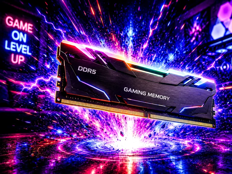 A DDR5 gaming memory module with an RGB light strip, lit in pink and blue with a burst of light behind it, in front of a Game On Level Up neon sign.