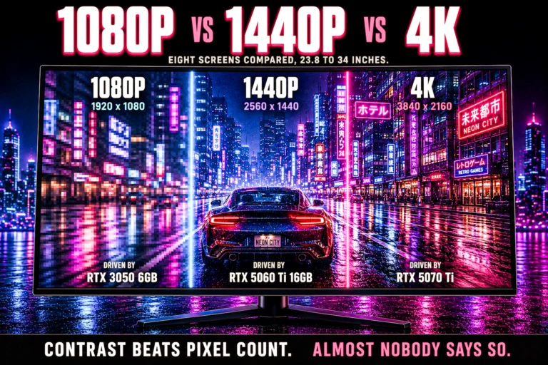 A gaming monitor showing one neon city street scene split into three vertical bands of increasing sharpness, labeled 1080p, 1440p and 4K, each paired with the graphics card that drives it.
