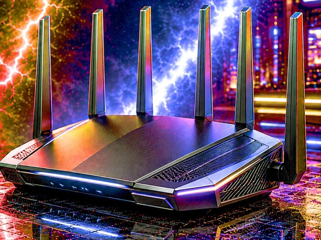 A black eight-antenna gaming router on a wet reflective floor, lit in pink and blue neon with lightning arcing behind it and a neon city skyline in the background.