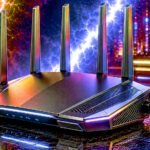 A black eight-antenna gaming router on a wet reflective floor, lit in pink and blue neon with lightning arcing behind it and a neon city skyline in the background.