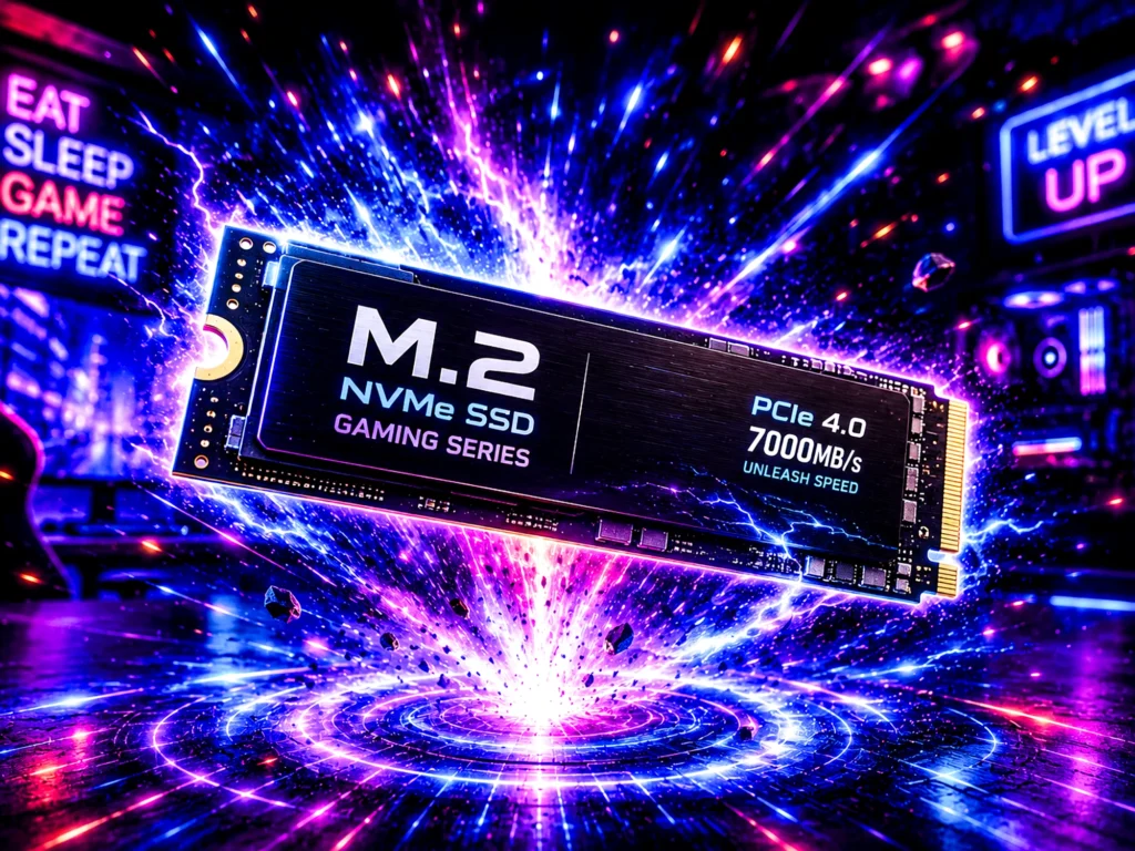 An M.2 NVMe SSD labelled Gaming Series PCIe 4.0 7000MB/s, lit in pink and blue with a burst of light behind it, in a neon-lit gaming room.