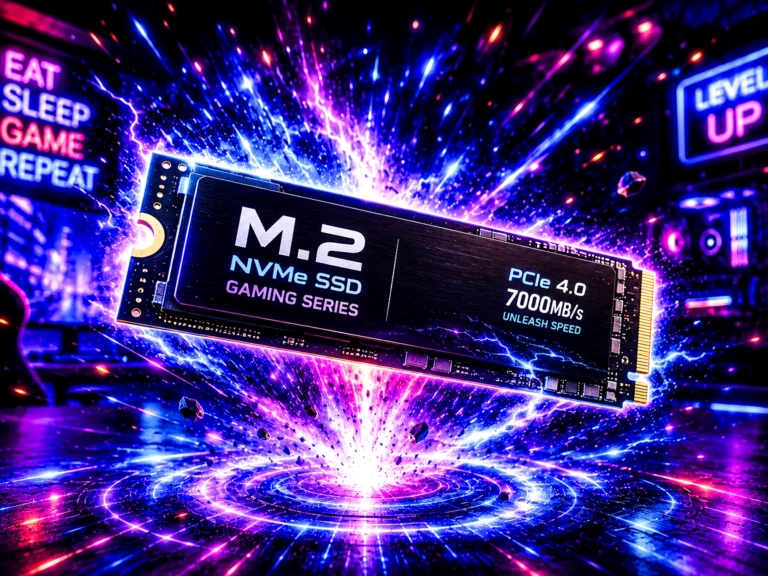 An M.2 NVMe SSD labelled Gaming Series PCIe 4.0 7000MB/s, lit in pink and blue with a burst of light behind it, in a neon-lit gaming room.
