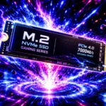 An M.2 NVMe SSD labeled Gaming Series PCIe 4.0 7000MB/s, lit in pink and blue with a burst of light behind it, in a neon-lit gaming room.
