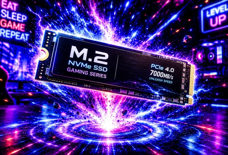 An M.2 NVMe SSD labeled Gaming Series PCIe 4.0 7000MB/s, lit in pink and blue with a burst of light behind it, in a neon-lit gaming room.