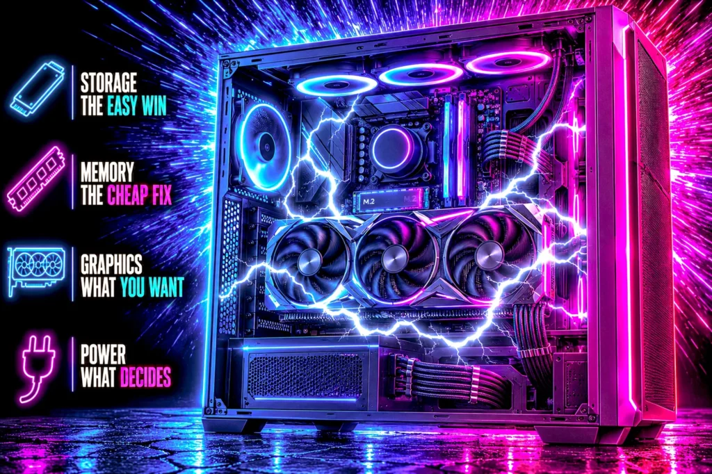A gaming PC tower with the side panel off, lit blue on the left and magenta on the right, white lightning arcing across the graphics card and motherboard inside, beside four callouts about storage, memory, graphics and power.