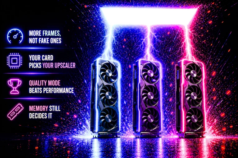 Three unbranded graphics cards edge-lit in blue, violet and magenta with lightning arcing from each into a single bright panel above, beside four callouts about frame generation, hardware support, quality modes and memory.