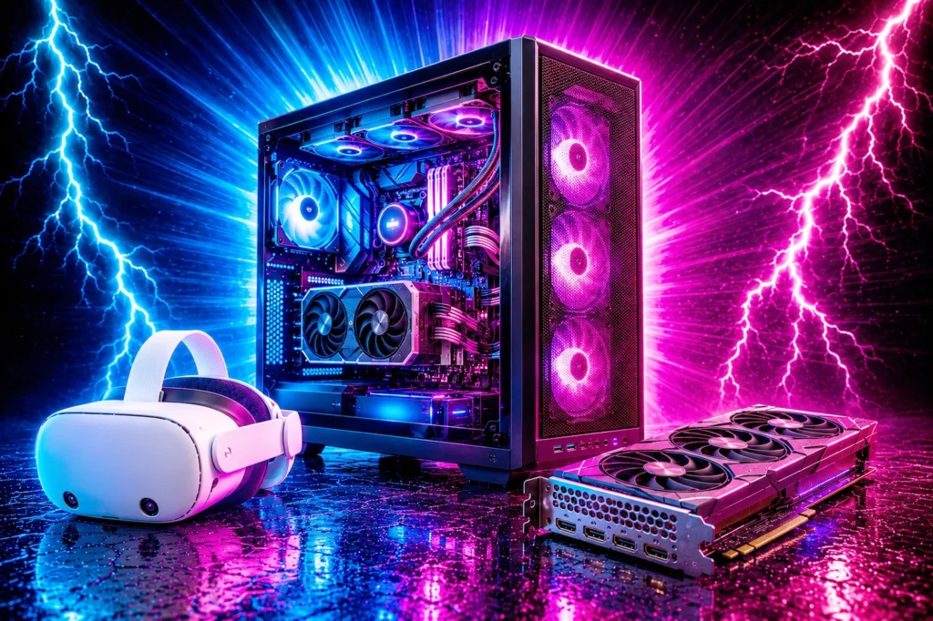 A white VR headset, a glass-side gaming PC tower and a triple-fan graphics card lit by magenta and blue neon on a wet reflective floor