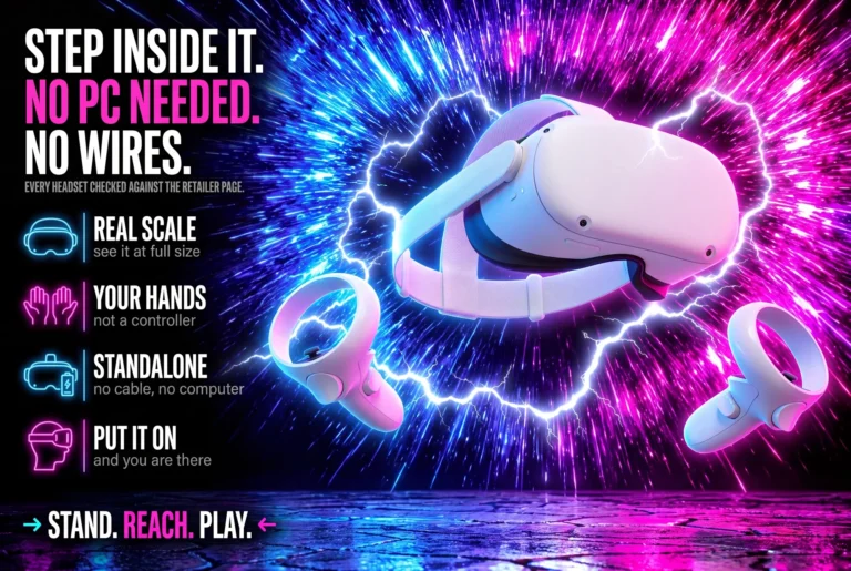 A white standalone VR headset and two ring controllers floating inside a ring of white lightning, against a blue and magenta light burst over a wet reflective floor, beside four callouts about real scale, hand tracking, standalone use and putting it on.